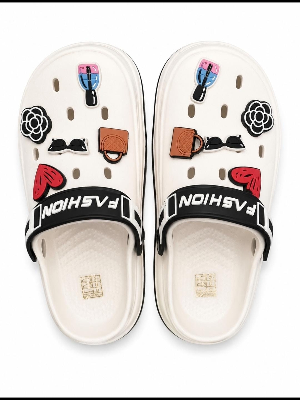 Kids White Slide Sandals with Black Fashion Strap and Colorful Charms